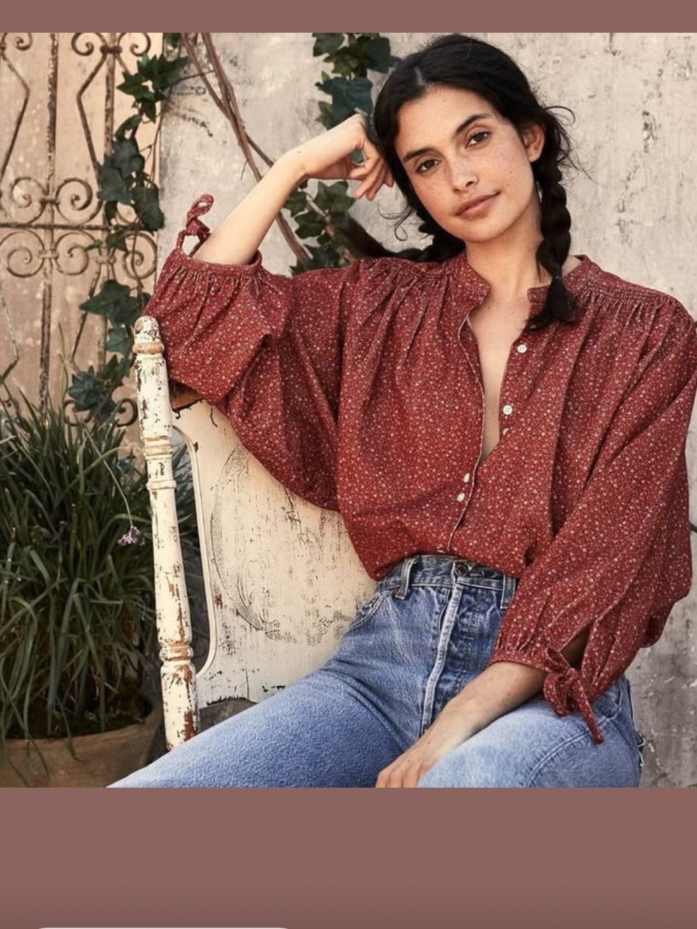 Doen Womens Peasant Blouse Rust Red with Button Front Paisley Tamarillo